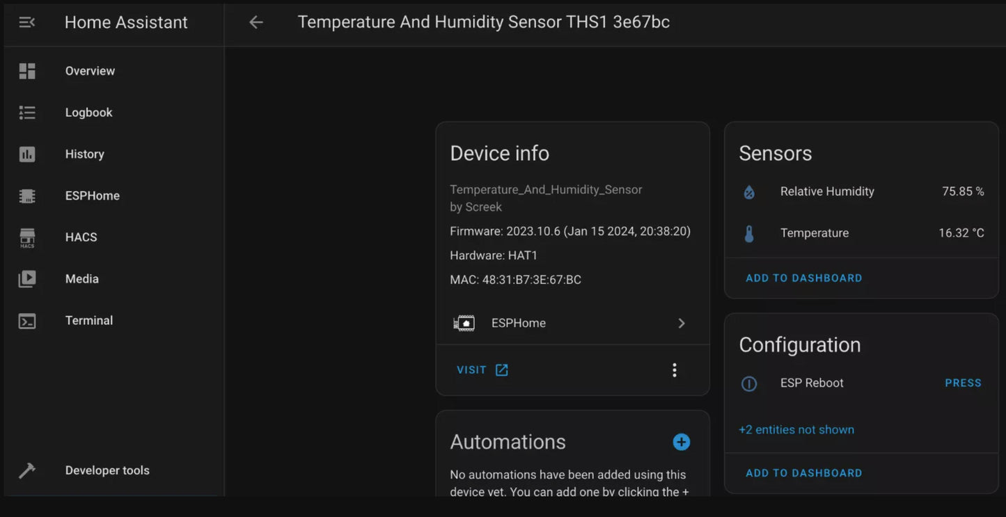 Temperature And Humidity Sensor THS1 For HomeAssistant By Screek (SHT40 Probe + ESP32-C3 + ESPHome)