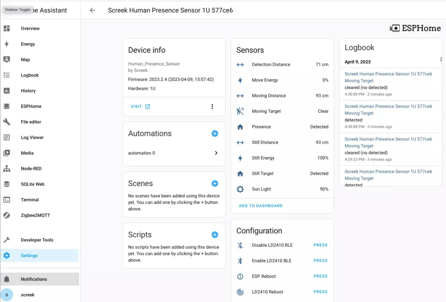 Human Sensor 1U For Home Assistant By SCREEK(HLK-LD2410C + ESP32-S2 + ESPHome)