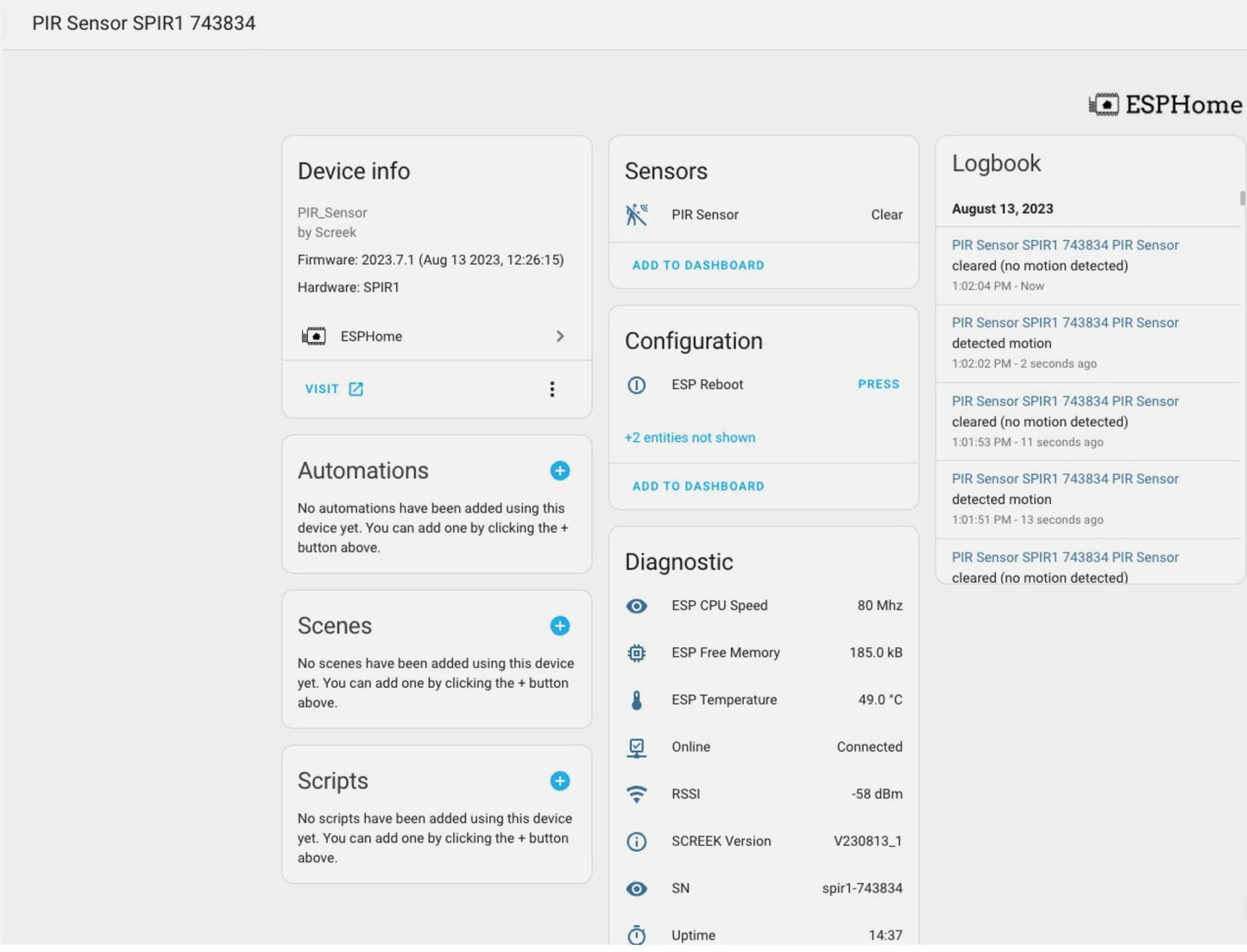 PIR Sensor SPIR1 For Home Assistant By SCREEK (ESP32-C3 + SR602)