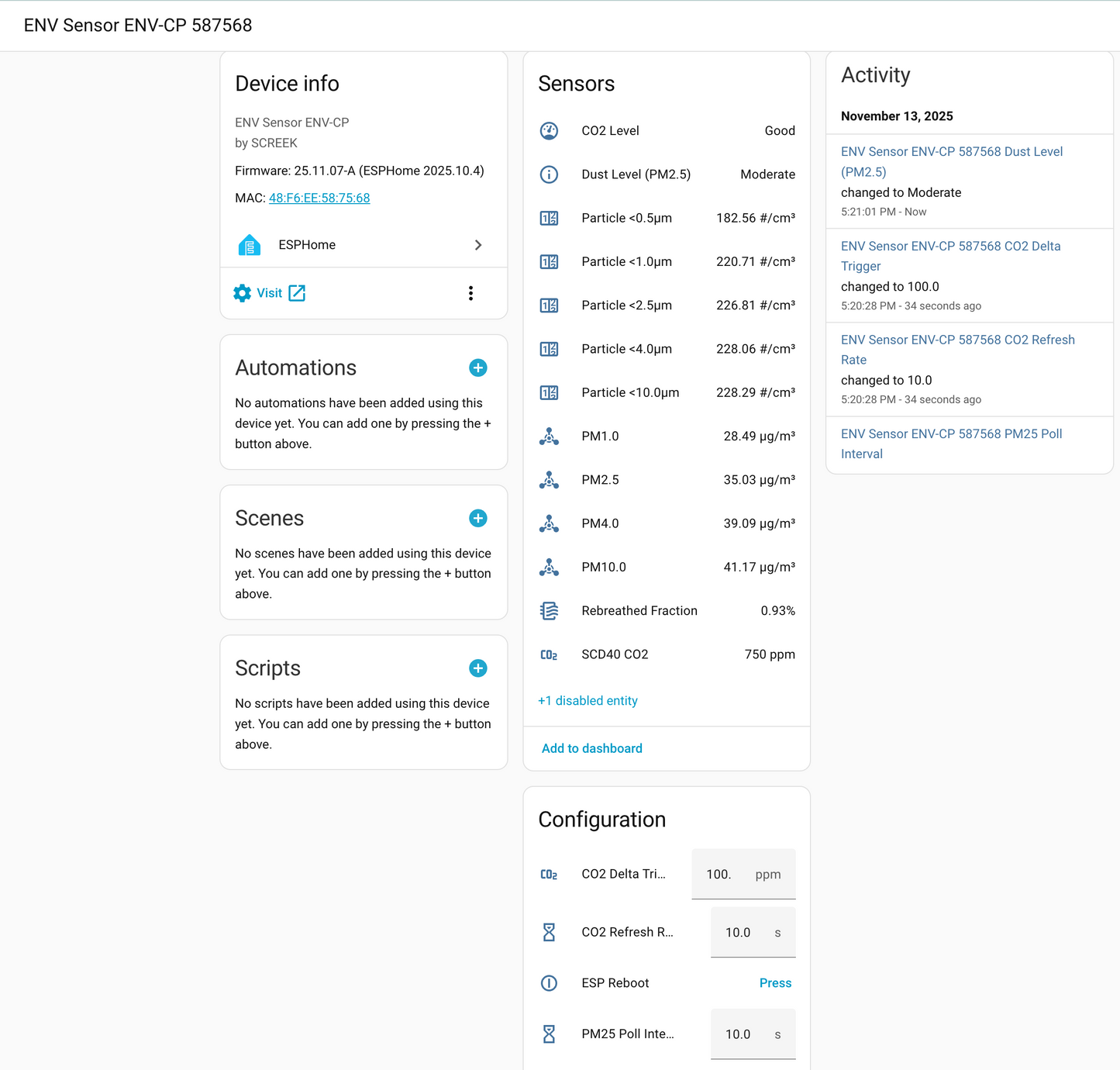 ✨[New]CO2 And PM25 Sensor ENV-CP For Home Assistant By SCREEK  (SCD40+SPS30+ESP32-C3+ESPHome)