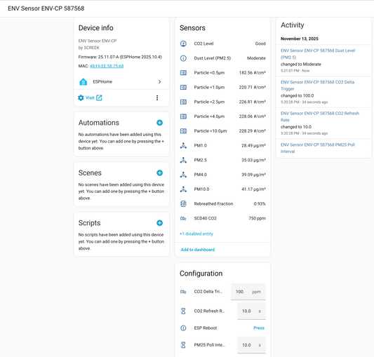 ✨[New]CO2 And PM25 Sensor ENV-CP For Home Assistant By SCREEK  (SCD40+SPS30+ESP32-C3+ESPHome)