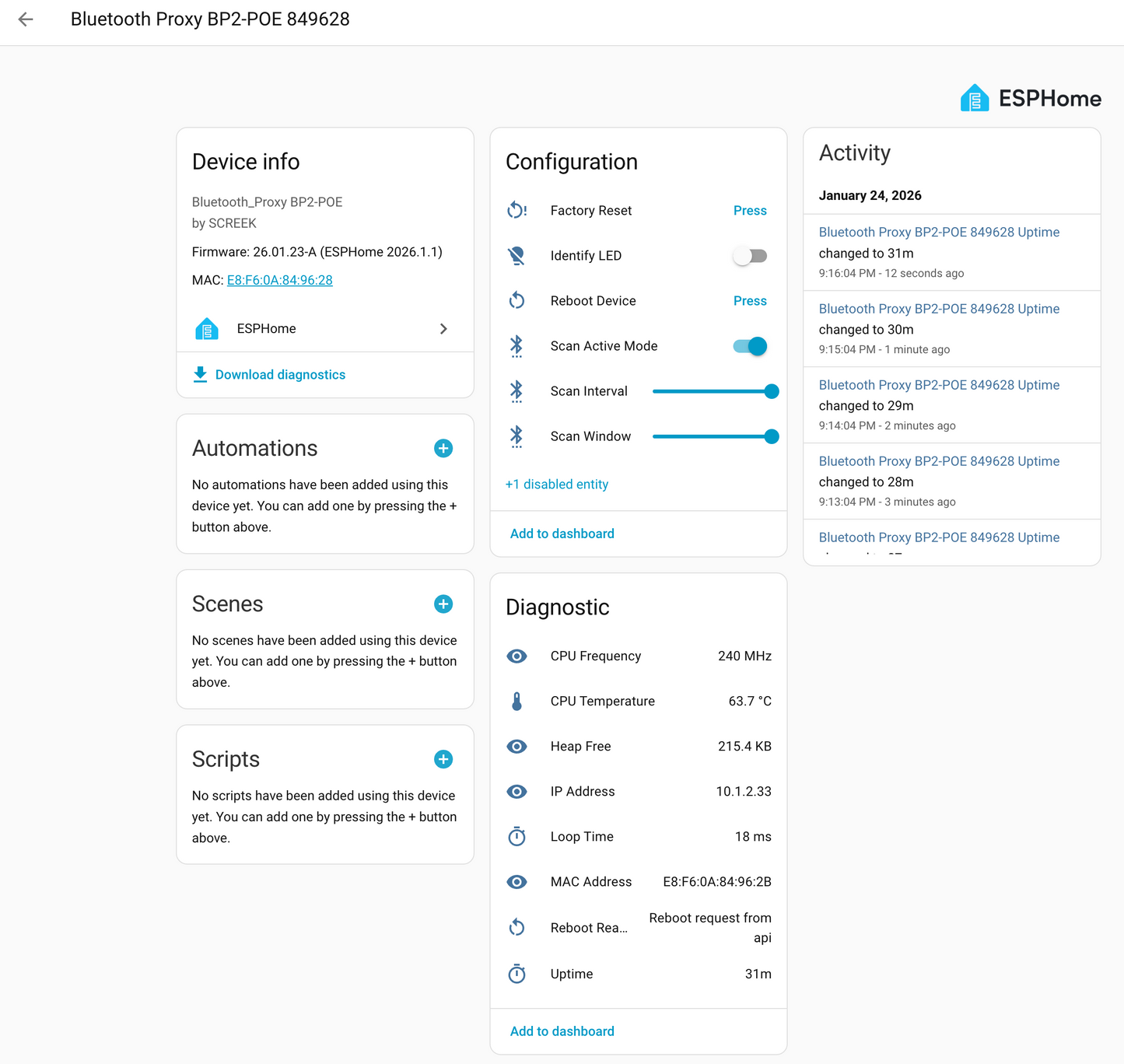 Bluetooth Proxies BP2-POE For HomeAssistant By Screek (ESP32-S3 + ESPHome + POE + LAN)