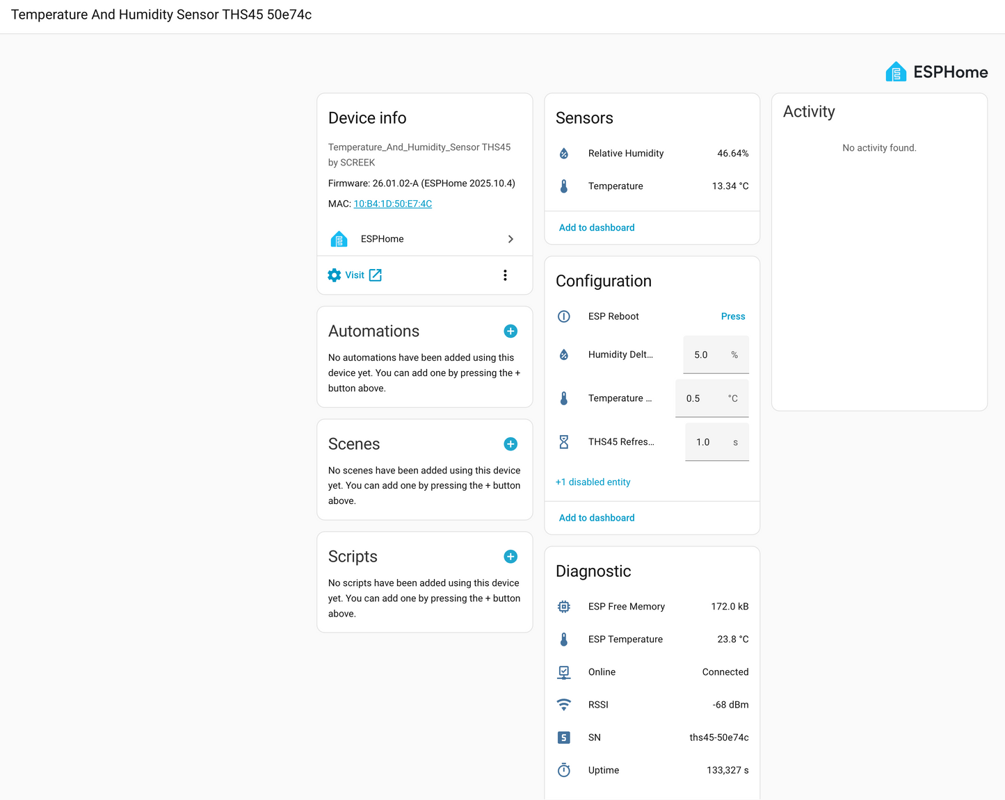 ✨[New]Temperature And Humidity Sensor THS45 For HomeAssistant By SCREEK (SHT45 Probe + ESP32-C3 + ESPHome)