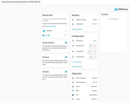 ✨[New]Temperature And Humidity Sensor THS45 For HomeAssistant By SCREEK (SHT45 Probe + ESP32-C3 + ESPHome)